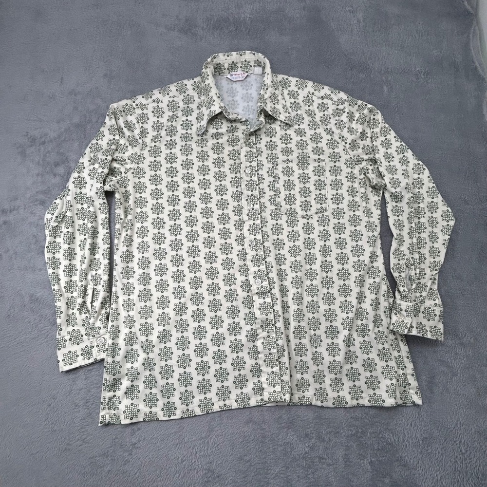 Vintage Wrangler Mens 70s Silky Polyester Green Geometric Floral Shirt USA Made